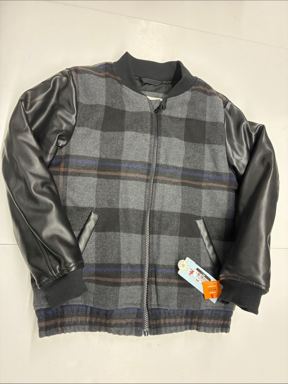 NEW Cat & Jack Boys Plaid Bomber Jacket with Faux Leather Sleeves